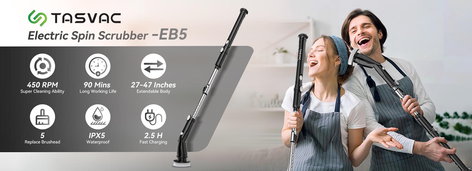 [Clearance sale]TASVAC Electric Spin Scrubber,5 Replaceable Heads, Adjustable Arm. Easily Scrubbing. 1.5H Power Bathroom Scrubber for Bathtub, Kitchen, Grout, Tile, Floor, Wall, Sink.