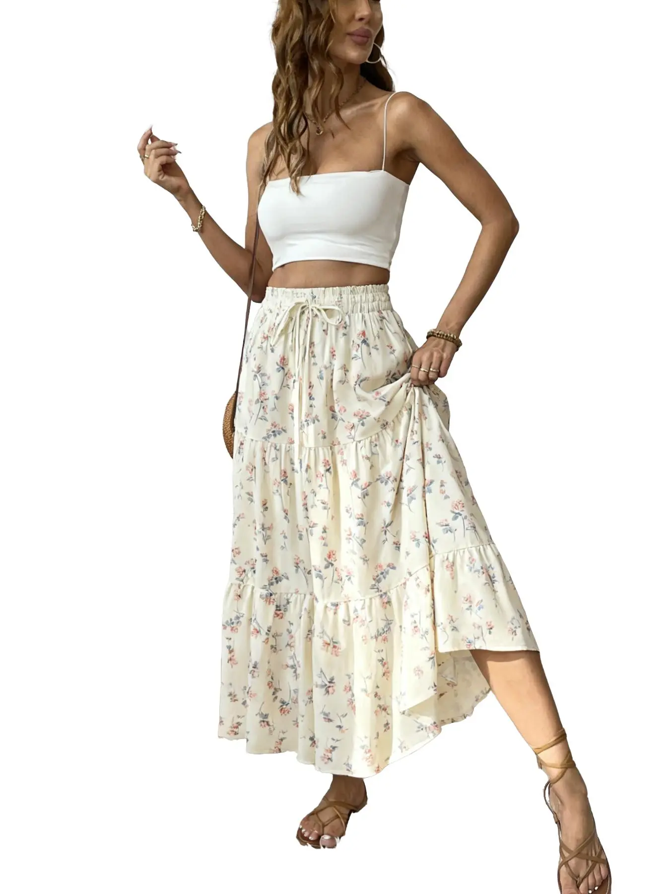 Bohemian Cream Ditsy Floral Prints Tiered Skirt, Elastic Waist Drawstring Flowing A-Line, Casual Beach Vacation, Women's Fashion Essential, Lightweight