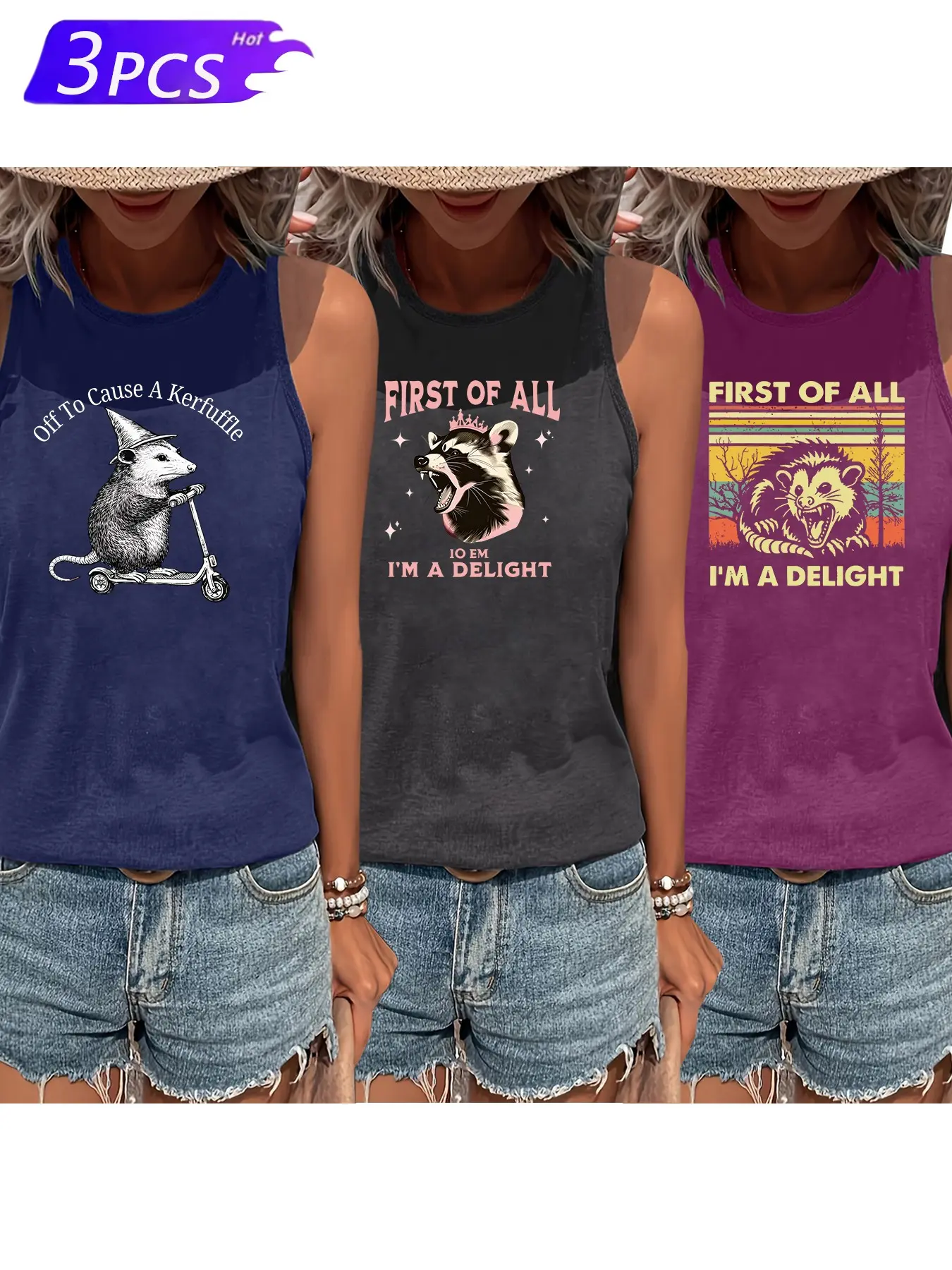 Women's Fun Possum Pattern Sleeveless Vest, Casual Stretch Round Neck Three-Piece Set, Breathable Fabric, Summer Fashion