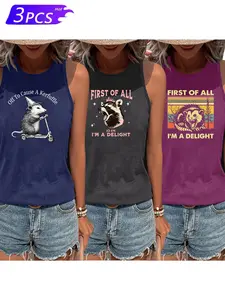 Women's Fun Possum Pattern Sleeveless Vest, Casual Stretch Round Neck Three-Piece Set, Breathable Fabric, Summer Fashion