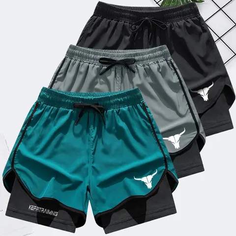 Men's Clothing 2-in-1 Fitted Cut Quick-Dry Casual Athletic Gym Black Shorts - Breathable Stretchy Fabric, Bull Head Print, Pockets, Power Workout Active Bottoms