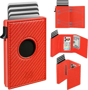 Minimalist Smart Wallet Card Holder for Air Tag-Compatible with Apple Air Tag-Carbon Fiber, Slim, RFID Blocking, Wallet for Cash Slot, 9-12 Cards Capacity(Red)