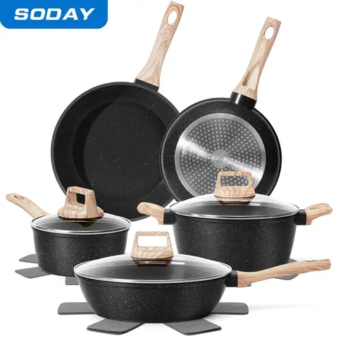 SODAY 12-Piece Non-Stick Cookware Set - Aluminium Core, Granite Coating, Induction Compatible, Thermal Heat-Safe Handles, Easy Cleaning, Safe & Healthy for Daily Use, Skillet Set, Saucepan, Kitchen Supplies, Frying, Thanksgiving, Black Friday,gift