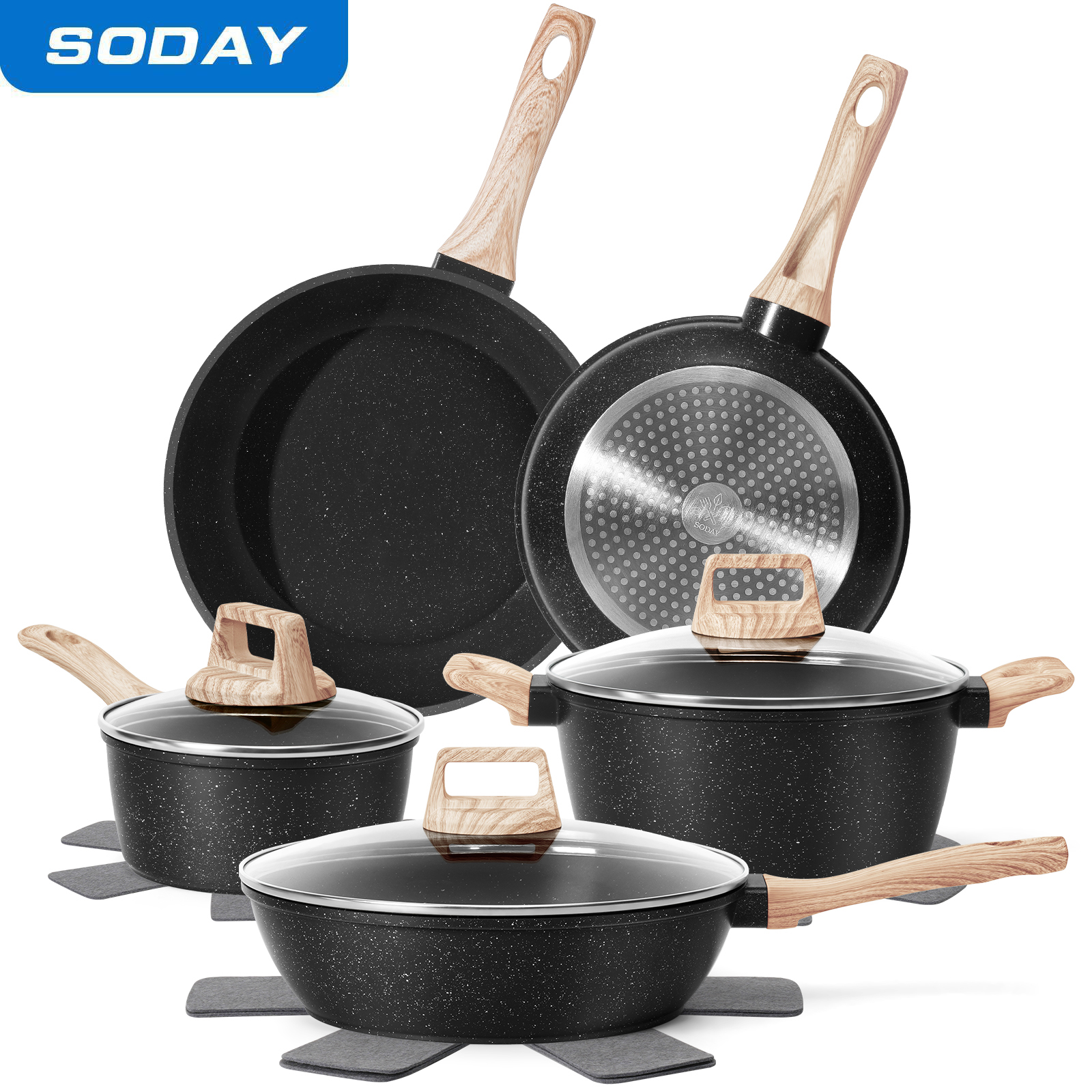 SODAY 12pcs Pots and Pans Set Non Stick Kitchen Cookware Sets Induction Cookware Nonstick Granite Cooking Set with Frying Pans, Saucepans, Steamer, Ki