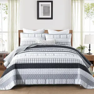 Grey Quilt King Size, Boho Grey Striped Bedspread Coverlet Microfiber Stripe Patchwork Quilt 3 for