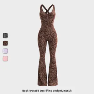 Women’s Leopard Print High-Waist Jumpsuit, Sexy Hollow-Out Criss-Cross Back Design, Fitness Wear, Backless Jumpsuit, Trendy Activewear, Women’s Slim-Fit Sports Suit, Flared Pants, Yoga Set Workout Bodysuit