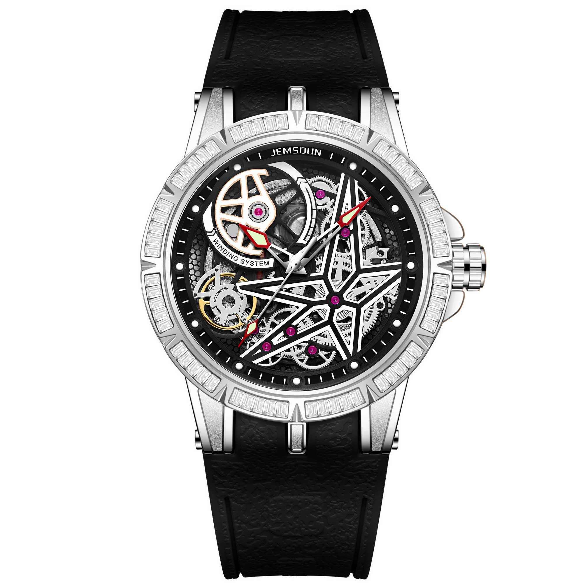 Luxury Skeleton Automatic Watch Diamond Bezel Black Rubber Strap Luxury Skeleton Automatic Watch Diamond Bezel Black Rubber Strap