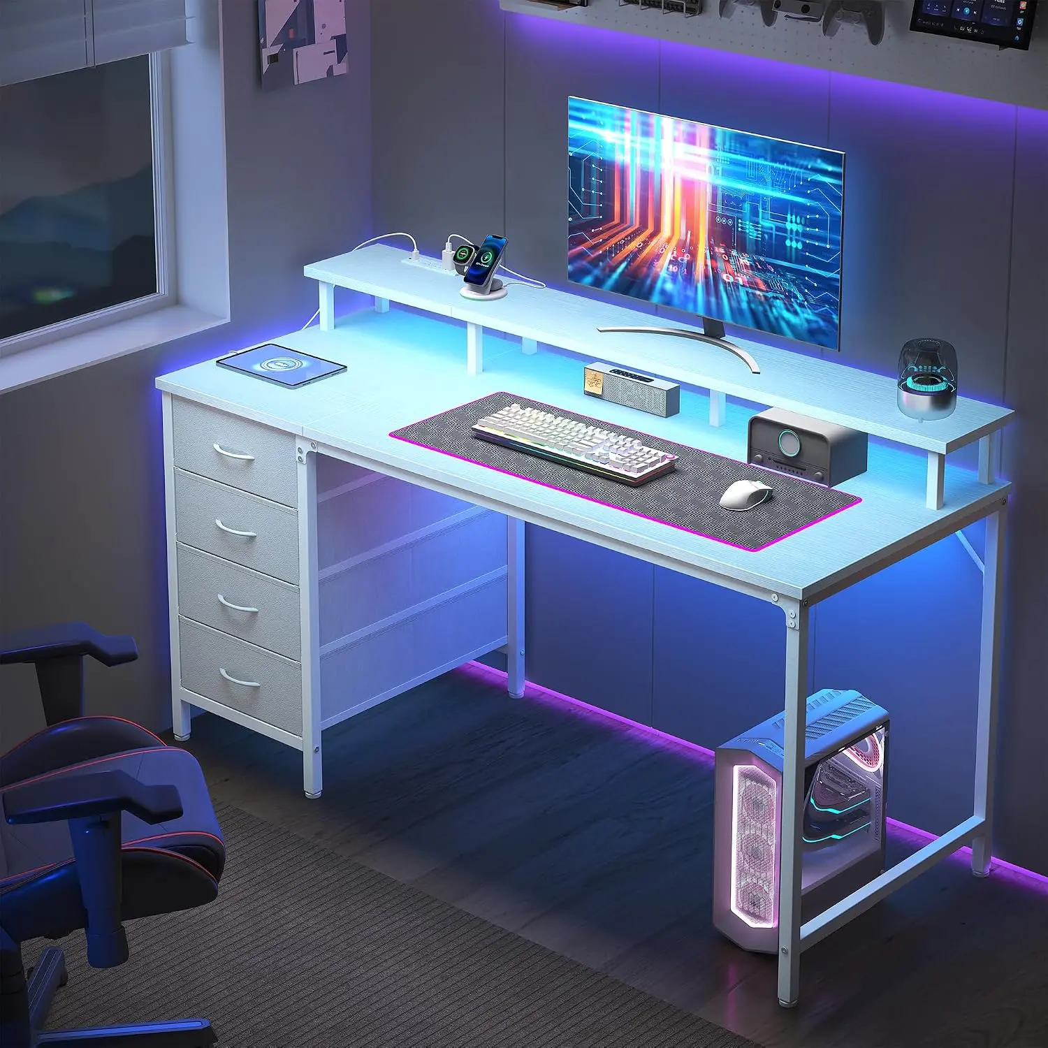 40-Inch Gaming Desk with Power Outlets and LED Lights, White | Computer Desk with 4 Storage Drawers, Monitor Stand, Home Office Small Desk for Bedroom & Study