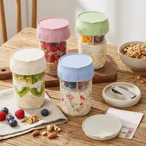 16oz Overnight Oats Containers with Lids Folding Spoons & Divided Compartments for Fruit Nuts Small Glass Mason Jars Leakproof Airtight Reusable Food Storage Organizer Portable Meal Prep Set - Split - Bottles, Tin ketchup squeeze weck