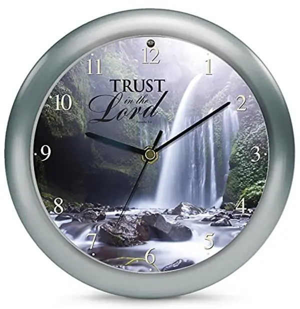 Inspirational Waterfall Hymn Sound Wall & Desk Clock 8 Inch Silver Frame with 3 Christian Songs Light Sensor Battery Operated Decor