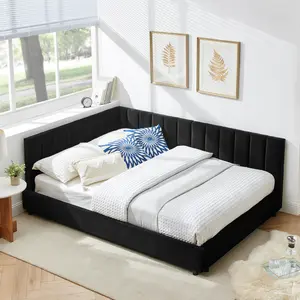 Aobtkel®Full Size Upholstered Tufted Bed Frame, Sofa Bed Frame with Comfortable Backrest and Armrests, Full Size Bed for Bedroom, Living Room,Velvet-Black(81''*60''*29.5'')