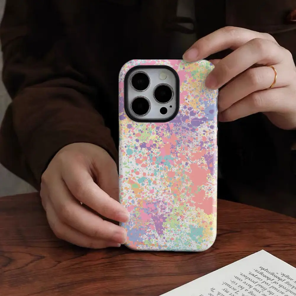 2-in-1 Smartphone Protection Case - Rainbow Splatter Pattern, Durable, Shock-Absorbing, Glossy Finish, Compatible with iPhone 17,16 Pro,15,14,13,12,11,X, Samsung & Other Handheld Cellphone Devices, Ideal Holiday Gift for Friends/Family