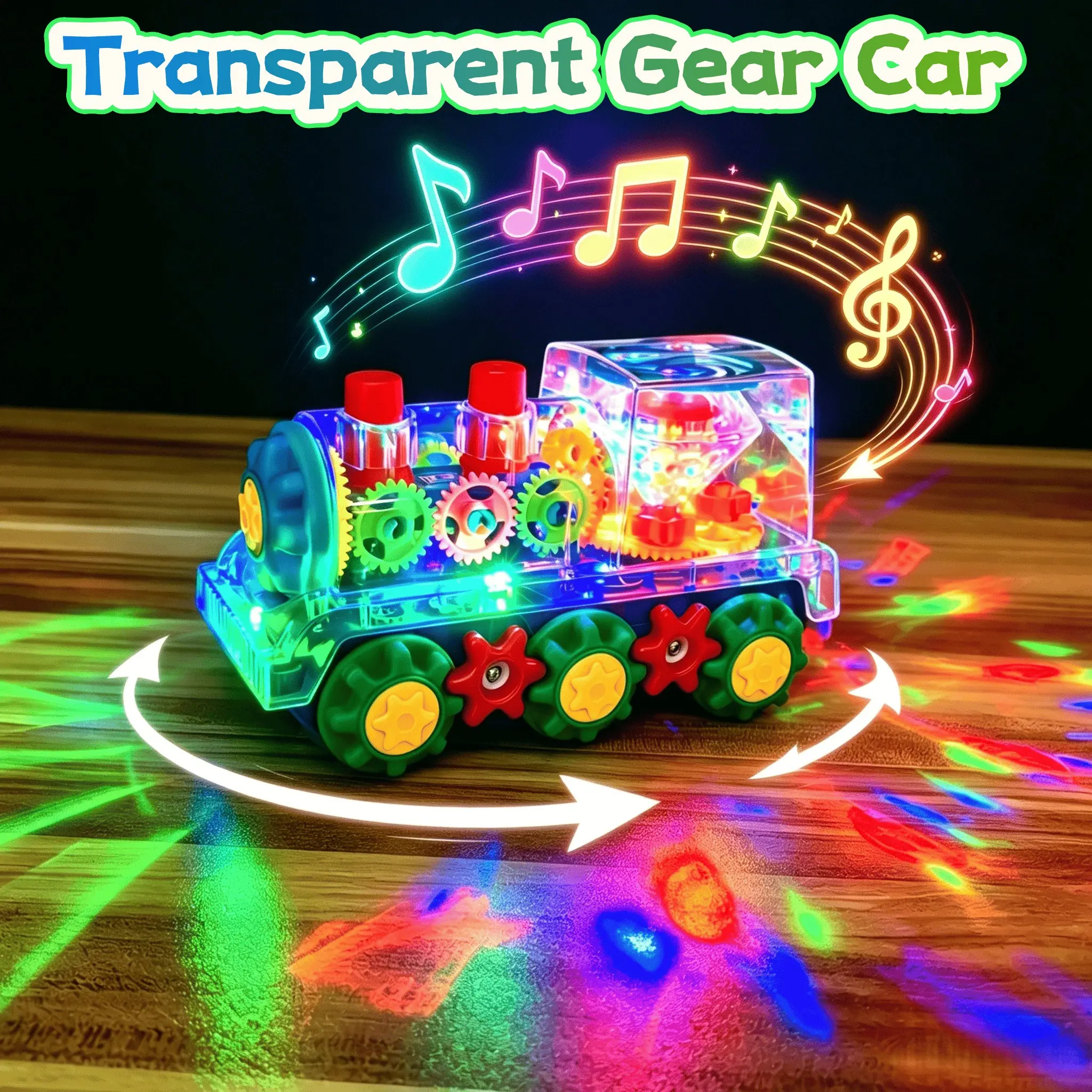 Glowing Transparent Gear Train Toy, Collision Activated Sound & Light, 360° Rotation, Music, ABS Transparent Shell, LED Lighting, Automatic Collision Sensing, Rotational Motion, Educational Sensory Toy For Boys And Girls