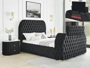 Crown Mark 5115BK Natalia Black Velvet Fabric Tufted Eastern King Bed with TV Lift & Built-in LED Fireplace Modern Aesthetic Home Design