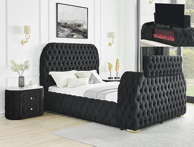 Crown Mark 5115BK Natalia Modern Platform King Size Bed Frame Set, Black Velvet Tufted Eastern King Bed with TV Lift & Built-in LED Fireplace for Home Design, Modern Platform Bed