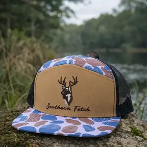 Southern Fetch Deer Hunting Trucker Hat, Embroidered Buck Snapback Cap, Camo Brim Outdoor Hat for Men, Adjustable Hunting Fishing Hat, Country Lifestyle Baseball Cap Gift