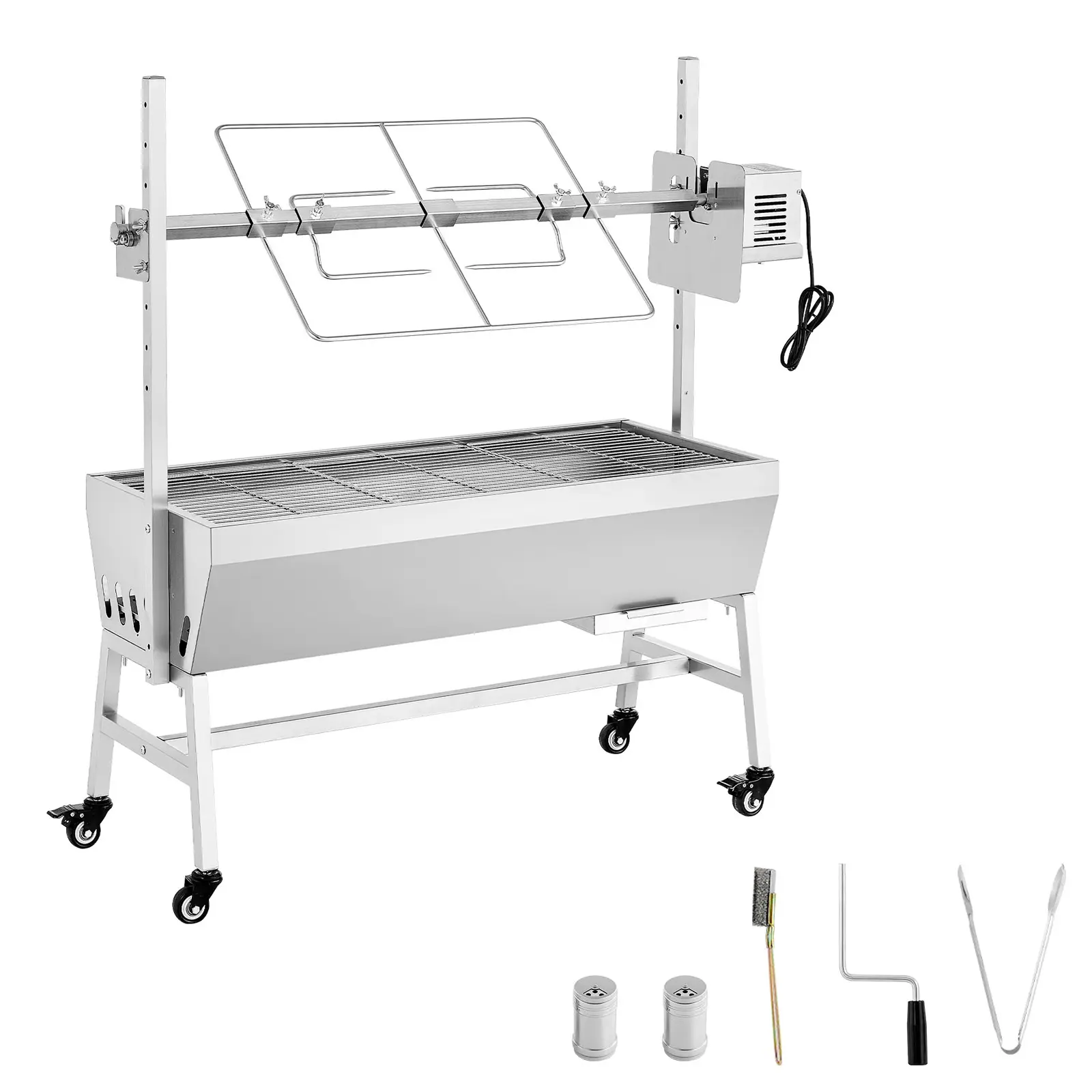 Rotisserie Grill, 38W BBQ Outdoor Pig & Lamb Spit Roaster, Charcoal Spit Roaster with 132 LBS Capacity, Wheels & 7-Level Height, Stainless Steel Electric Rotisserie Grill Kit for Camping Outdoor