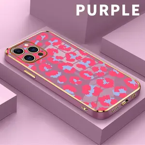 Case for iPhone 17 15 Pro Max 16 14 Air Plus 13 12 11 X XS Max X Stylish Pink Leopard Luxury Golden Edge Elecroplated TPU Camera Lens Protection Mobile Phone Cover Gift for