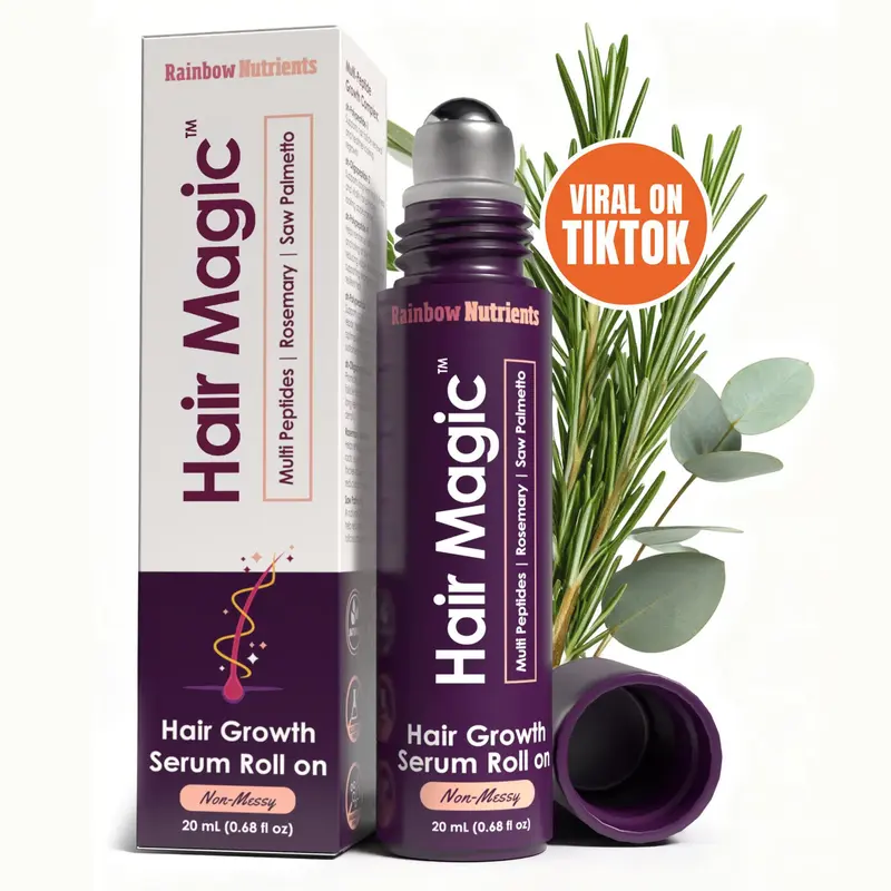 Rainbow Nutrients Hair Magic - Hair Growth Serum Roll On | Multi-Peptides Complex + Rosemary Oil for Hair Growth, Density, Beard, Eyebrows & Scalp Serum for Men & Women with Saw Palmetto Hair Loss treatment, easy to use non-greasy formula All Natural