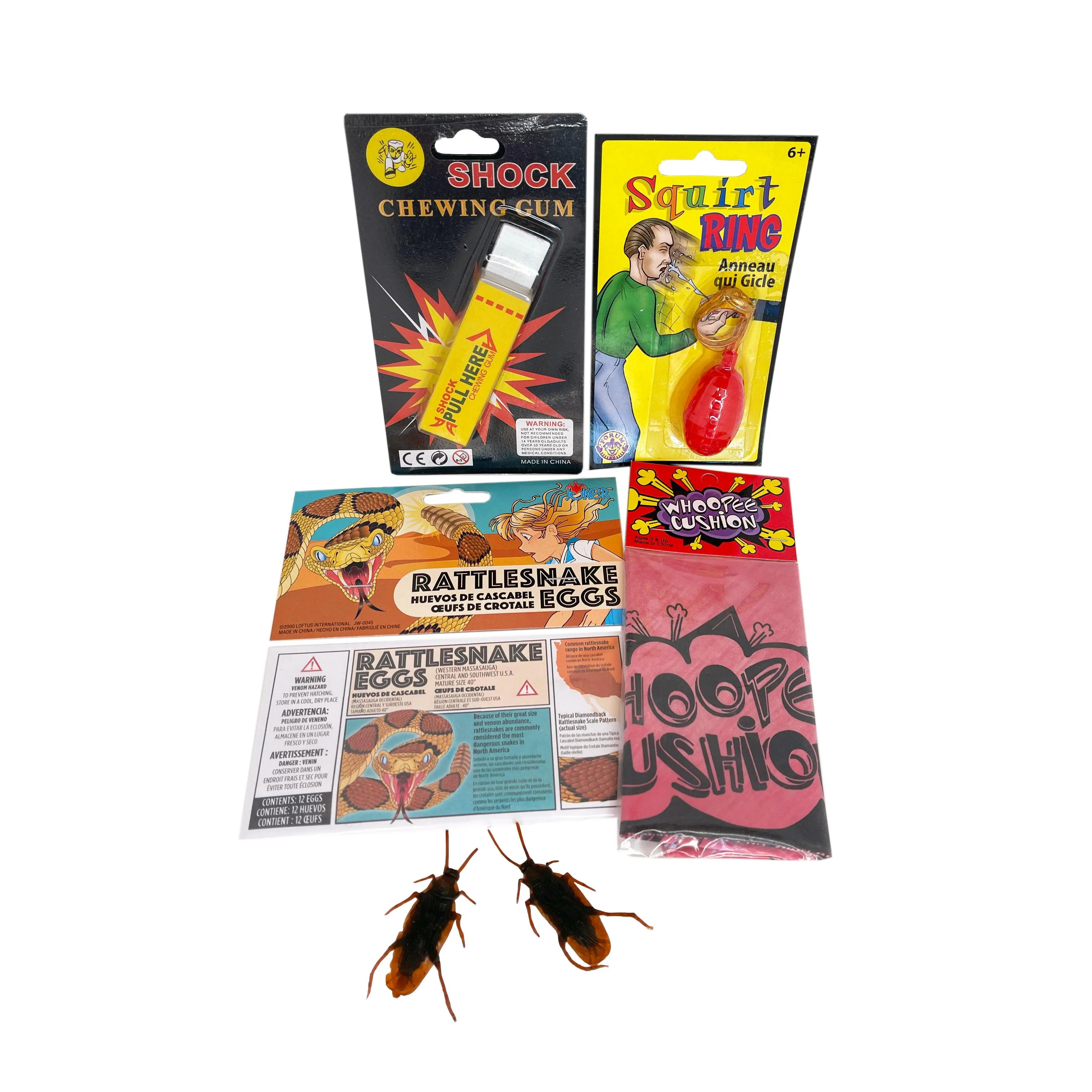 Practical Joke Kit 3 - Includes Shock Chewing Gum, Squirt Ring, Rattlesnake Eggs, Fake Cockroaches, and Whoopee Cushion for Family Gatherings and Entertainment