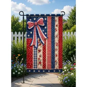 Faux Patchwork Coquette Bow America Flag, 250th Anniversary Flag, 250 Years American Banner, 1776-2026 Anniversary Outdoor Flag, 4th of July Decor, Print Only