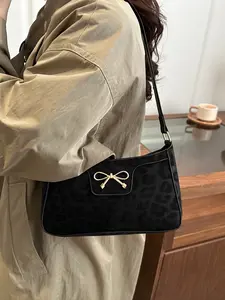 Women's Crescent Moon Shoulder Bag, Bow Detail, Leopard Print Small Square Design, Multifunctional Underarm Bag, Chic Crossbody Purse