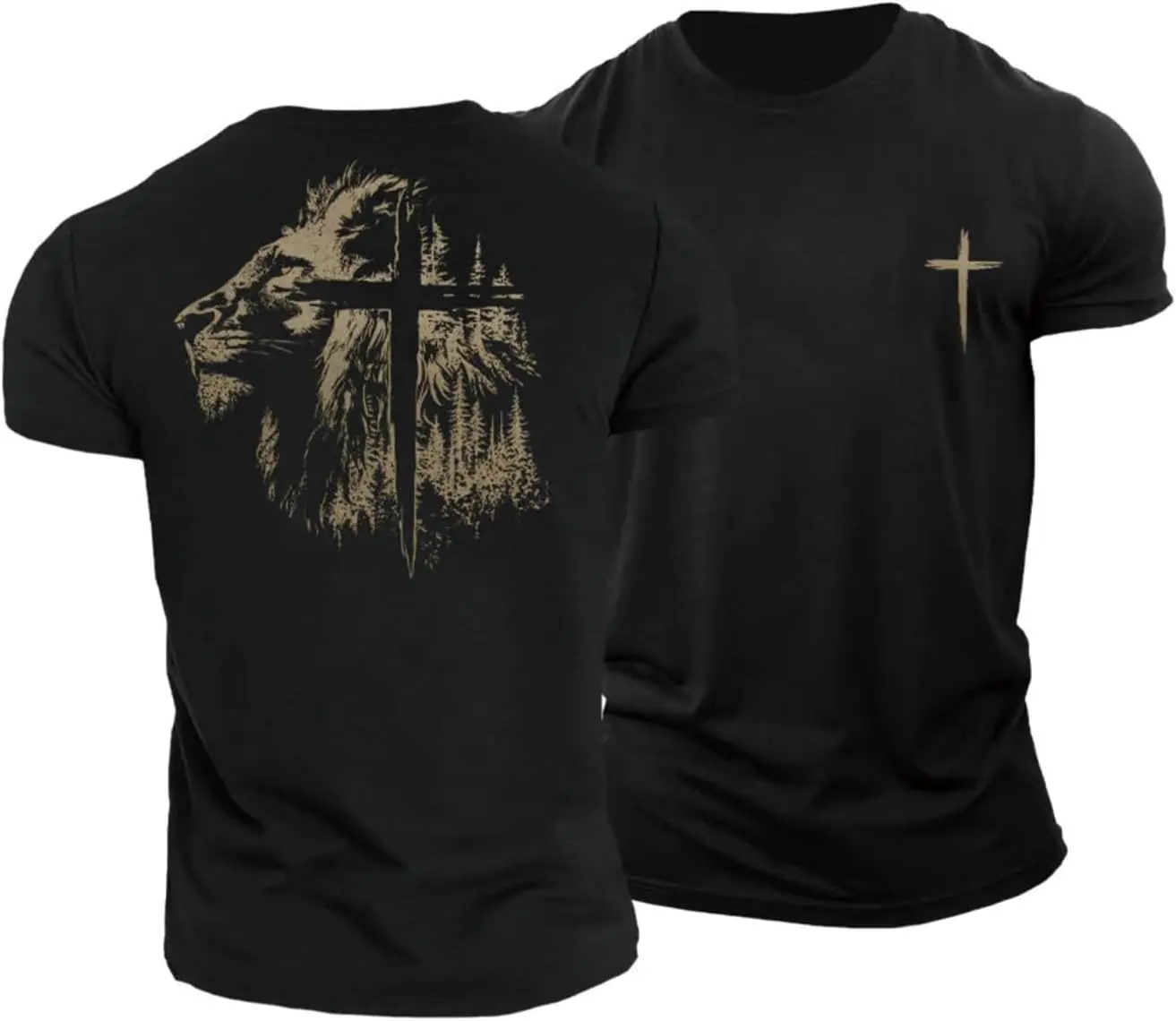 Men's Vintage Washed Cotton Graphic T-Shirt, Casual Oversized Streetwear with a Distressed Faith Lion and Cross Print, Tops, Menswear, Classic, Retro, Cargo