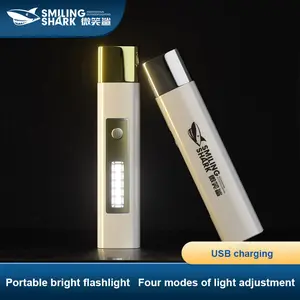 【867A】Smiling Shark Mini Flashlight Small Portable Torch Light Side COB USB Rechargeable Waterproof Handheld Torchlight Girl Creative Student Home Emergency