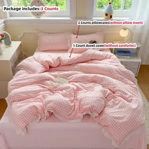 3pcs black/pink/blue/red Plaid Bedding Set, 1Pc Duvet cover+2Pcs Pillowcases(without comforter and pillow insert), Single Twin Double Queen, All Seasons Use