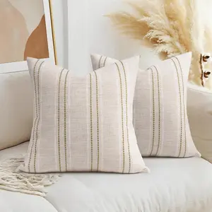 18 in x 18 in Decorative Farmhouse Linen Throw Pillow Covers, Boho Textured Pillow Cases, Set of 2, Beige with White & Brown Stitch Yarn Dyed Stripe Cushion Covers for Sofa and Couch in Living Room (Covers ONLY)