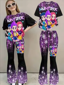 3D Printed Gradient Matching Set, Top, Glitter Fringe Short Sleeve Bell Pants, Bottom, Sweet Cool Girl Casual Two-Piece