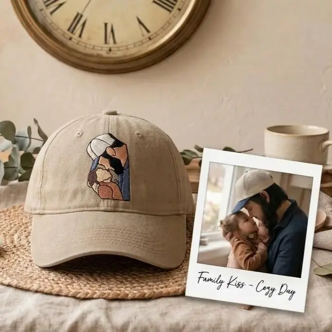 Custom Embroidered Family Portrait Dad Hat | Personalized from Your Photo Beige Baseball Cap | Custom Father Kids Portrait Embroidery Gift Adjustable Streetwear Hat Unisex