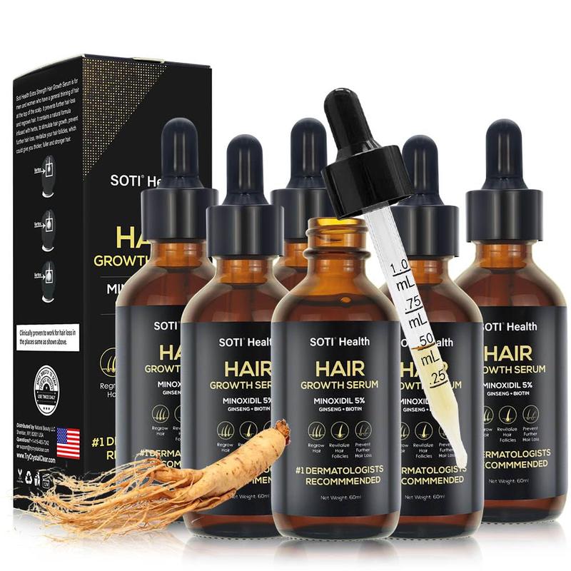 Soti Minoxidil 5% Hair Growth, Hair Loss Regrowth Serum. Dermatologists Recommended. Ginseng and Biotin Extra Strength Formula. (6 Packs)