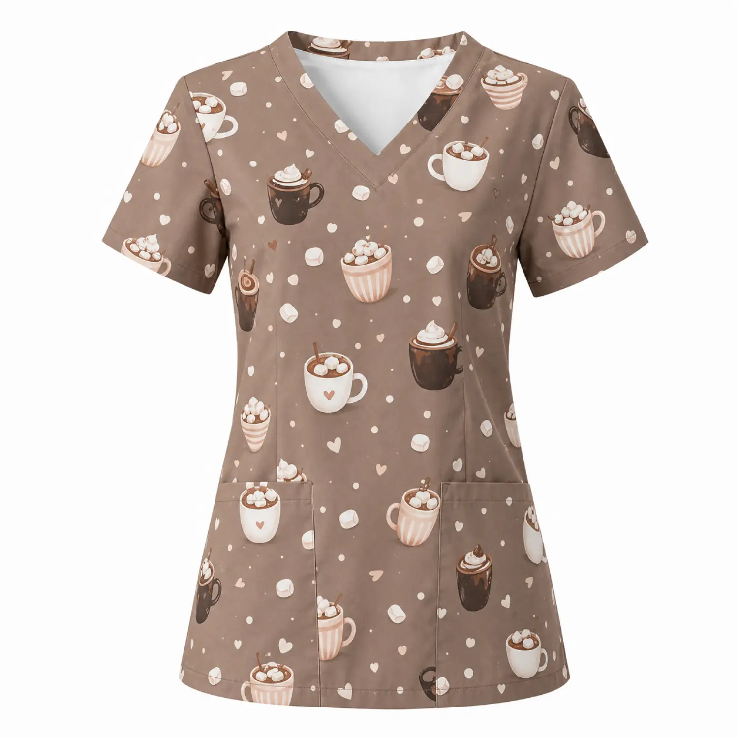Womens Short Sleeve V-Neck Caregiver Scrub Top with Adorable Hot Cocoa Marshmallow Print and Functional Pockets