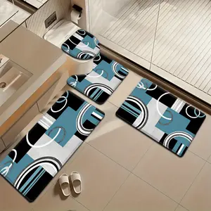 3pcs/4pcs Simple European Style Black, Gray and Blue Plaid Pattern Bathroom Mat Set with Strong Absorbency, Includes U-Shaped Toilet Pad Suitable for Kitchen, Bathroom Decor, Bath Mat, Bedroom Rug, Outdoor Entrance Mat, Laundry Area Carpet, Shower Floor M