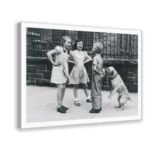 Retro 1950s New York Black and White Dog Eating Hidden Ice Cream Cone Artistic Print - Cozy Neutral Canvas Wall Art, Farmhouse Home Decor, Gift for Bedroom, Living Room
