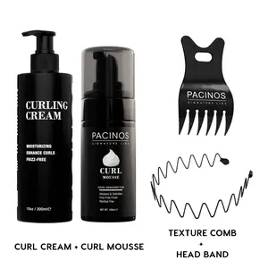 Pacinos Curls Bundle - Curl Cream + Curl Mouse + Texture Comb + Head Band, Hidrate your curls and control frizz, texture your curls with comb and band helps hold hair while styling