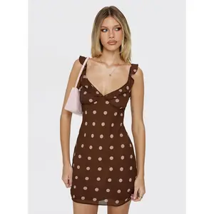 Lozie Frill V Neck Mini Dress Brown Polka Dot