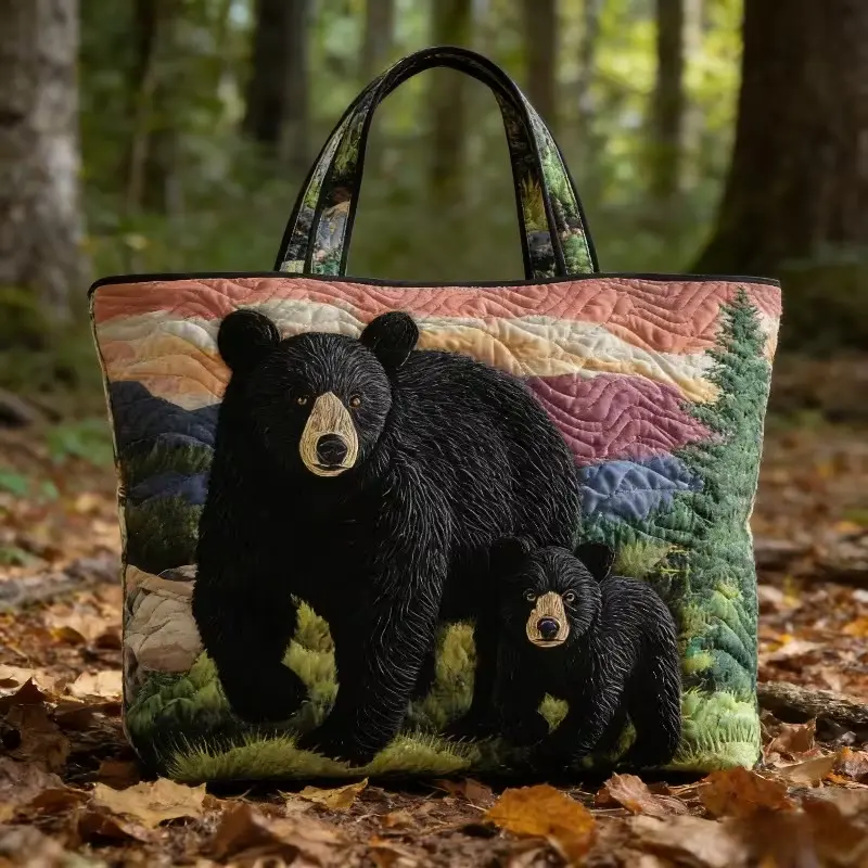 Women Quilted Tote Bag, Black Bear & Cub Mountain Forest Landscape Patchwork Print Shoulder Handbag, Large Capacity Wildlife Shopping Bag, Rustic Wilderness Art Tote Purse for Daily & Camping Travel