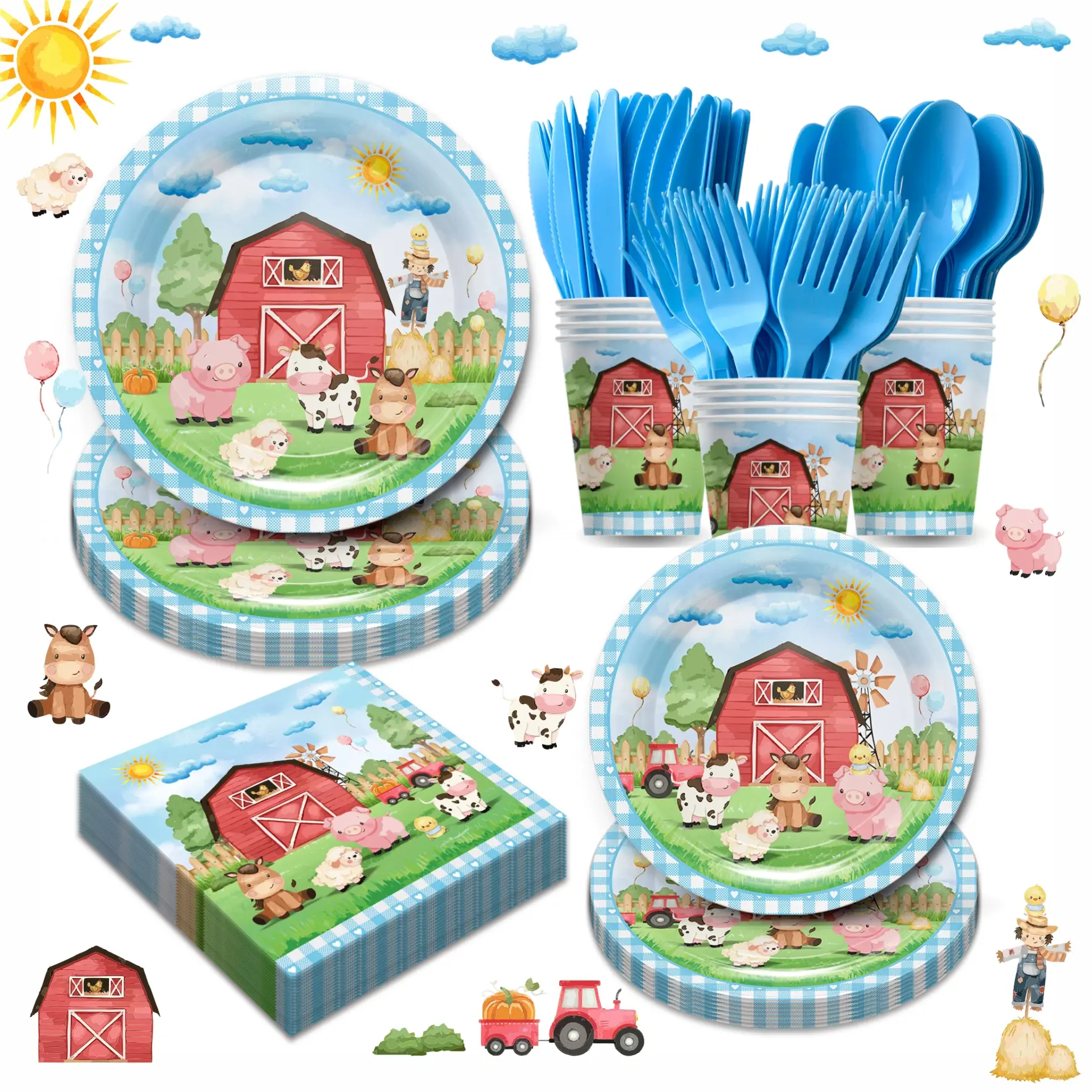 168PCS 300gsm Paper Gingham Animal Disposable Tableware Set with Curved Rim - Plates, Cups, Napkins, Cutlery for 24 Guests - Hassle-Free Kids Birthday & Large Party Home Supplies