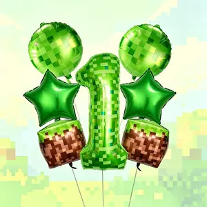 Pixel Theme Number Balloons Set, 40-Inch Pixel Numbers (0-9), Star/4D Grass Block/ball Balloons, Party Decorations