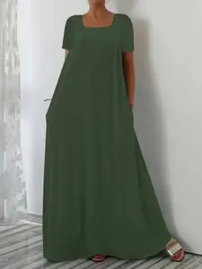 Summer Minimalist Square Neck Flowy Short Sleeve Maxi Dress, Casual Home Vacation Essential, Plain Pattern, Women's Fashion, Lady Womenswear