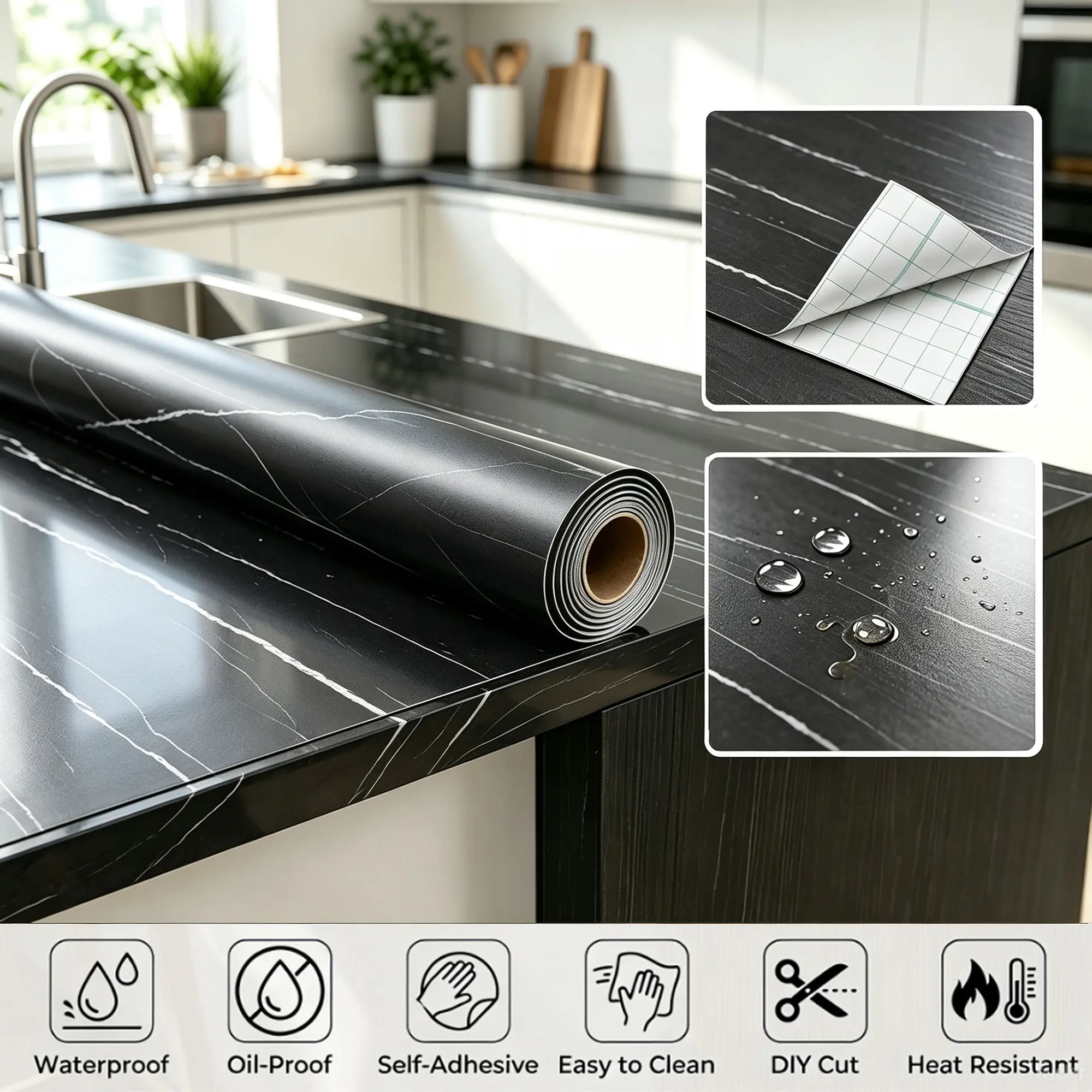 Marble Pattern Waterproof Self-adhesive Wallpaper, Easy To Install, Removable Without Residue, Can Effectively Cover Defects, Suitable for Kitchen Countertops and Cabinet Renovation, Improve Home Style