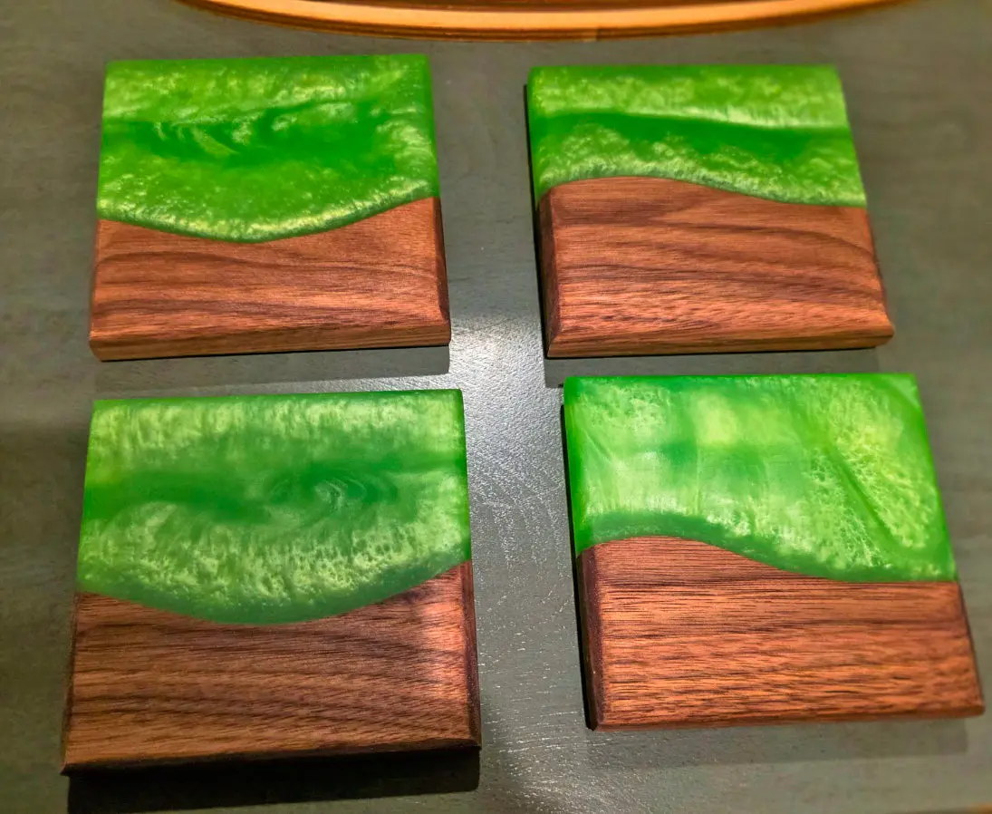 Walnut & Epoxy Resin Coaster Set – Candy Apple Green | Handcrafted Wood Coasters Set of 4