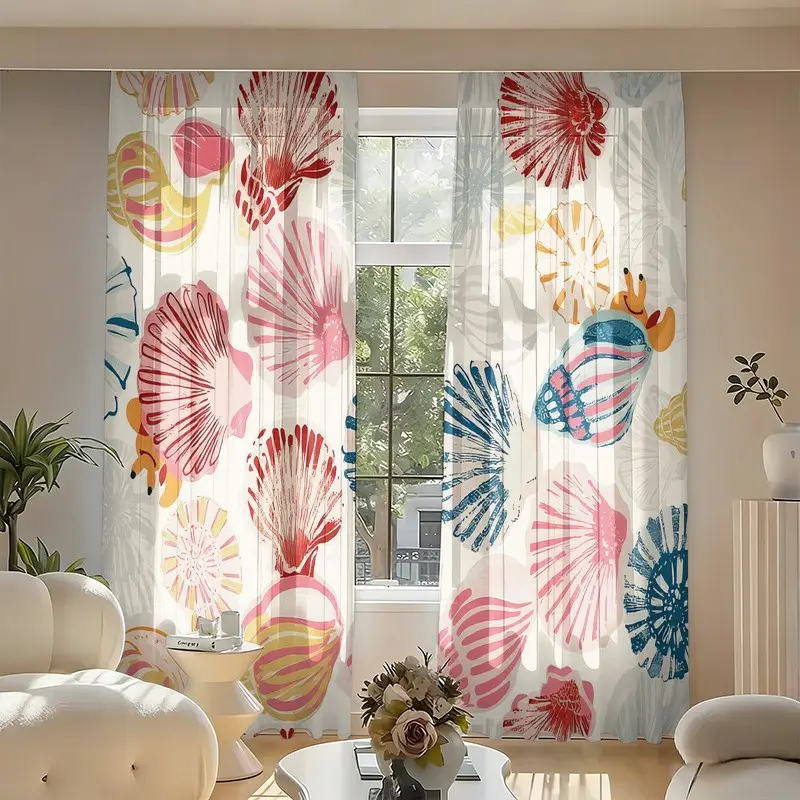 2 pieces of fresh shell print pattern filtering curtains, durable and wrinkle-resistant, machine washable without fading, suitable for living room, bedroom, balcony, bay window, and seaside vacation-style guesthouse