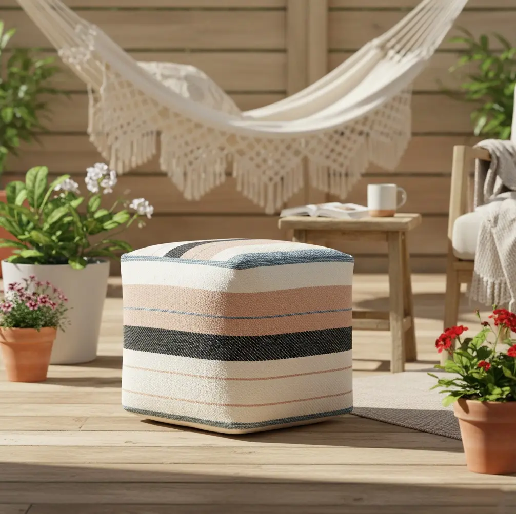 Caerwyn Handmade Contemporary Striped Square Indoor/Outdoor Large Pouf Ottoman, Ivory/Multi