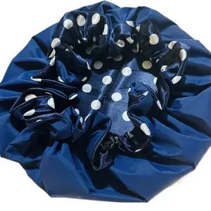 Msmakeit Luxury Satin lined Shower Bonnet Navy Blue and White Polkadots one size