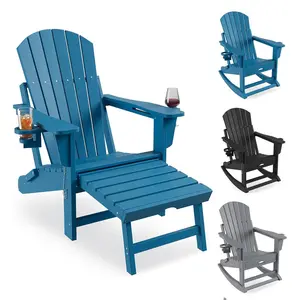 Folding Adirondack Chairs with Two Cup Holders. HDPE All Weather Outdoor Adirondacks Rocking Chair with Retractable Ottoman, Outdoor Adirondack Chair for Patio, Outside, Deck