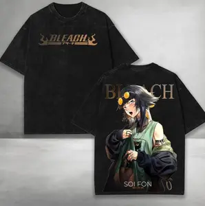 Soi Fon Bleach Anime Double Printed Vintage Washed Tee Unisex Oversize Heavyweight Cotton Manga Graphic Crewneck Soft Tops Natural Shade T-shirt Anime Gift