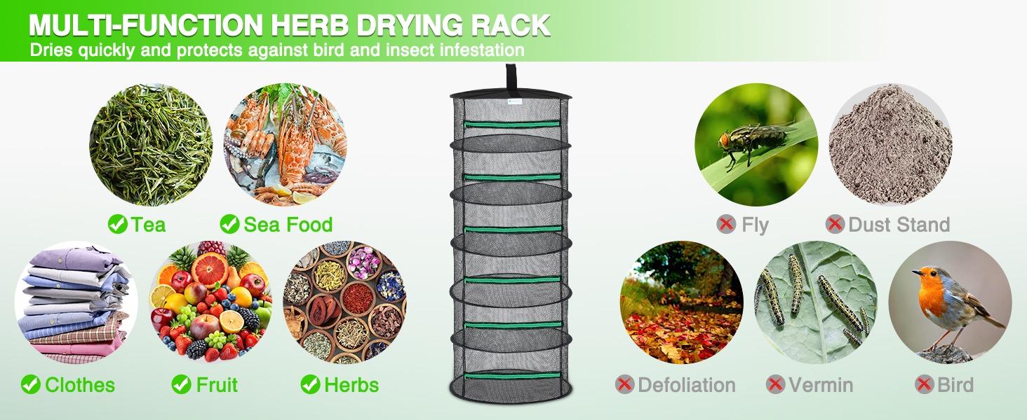 Yesker 6 Layer Herb Drying Rack Hanging Mesh Net Foldable Plant Drying Racks 24" Diameter with Green Zipper & Hook Dryer Hanging Rack for Herbs Seed Bud Fruit Clothes Grow Tent Closets Garden Outdoor